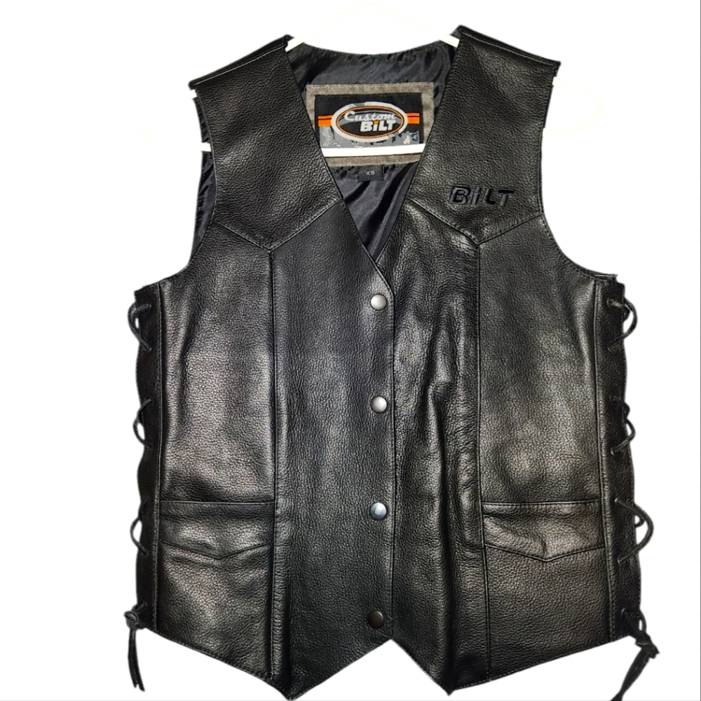Custom BILT Motorcycle Leather Vest Black Laced Sides Sz XS Pockets Snap Buttons